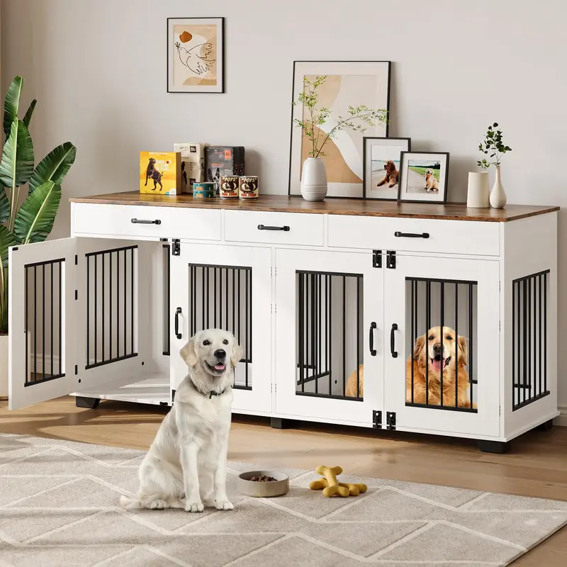 Garvee 71-Inch Large Dog Crate with Divider and 3 Drawers, Spacious Wooden Indoor Kennel, Double Doors with Locks, Brown & Wh...