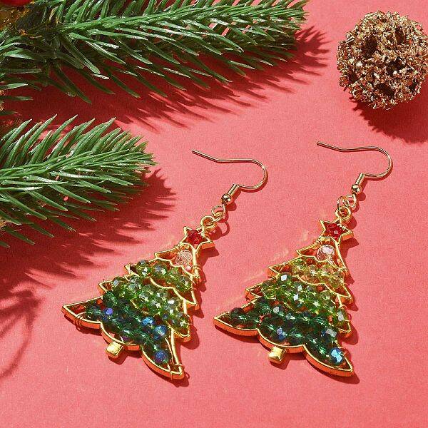 Glass Beaded Christmas Tree Dangle Earrings