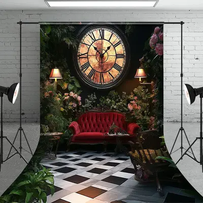 Ancient Clock Greenery Floral Sofa Wedding Backdrop - Aperturee