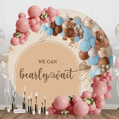 Aperturee Round Brown Bear Boho Balloons Bearly Wait Backdrop, Diameter 5Ft/1.5M, 49 USD, round baby shower backdrops, RAH0E5...
