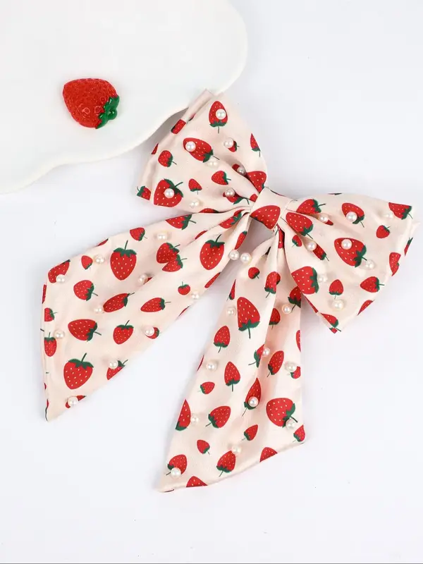 Cute Strawberry Print Bow Decor Flower Hair Clip, Faux Pearl Decor Hair Accessories for Girls, Fashion Hair Accessories for P...
