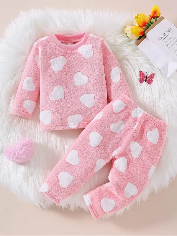 Girl's Heart Design Long Sleeve Top & Elastic Waist Pants Two-piece Set, Casual Round Neck Top & Trousers for Fall & Winter, ...