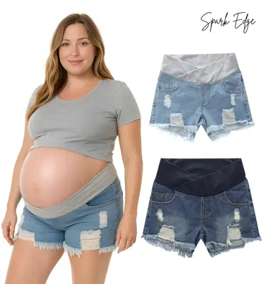 Women's Maternity Ripped Jean Shorts – Summer Distressed Denim Shorts, Low Waist, Stretchy, Soft, Comfortable Pregnancy Sho...