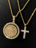 Virgin Mary Pendant Rope Chain & Cross Pendant Necklace, Charm Necklace, Necklaces for Women, Rhinestone Decor Layered Neckla...