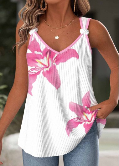 Modlily White Floral Print Strappy V Neck Tank Top - L