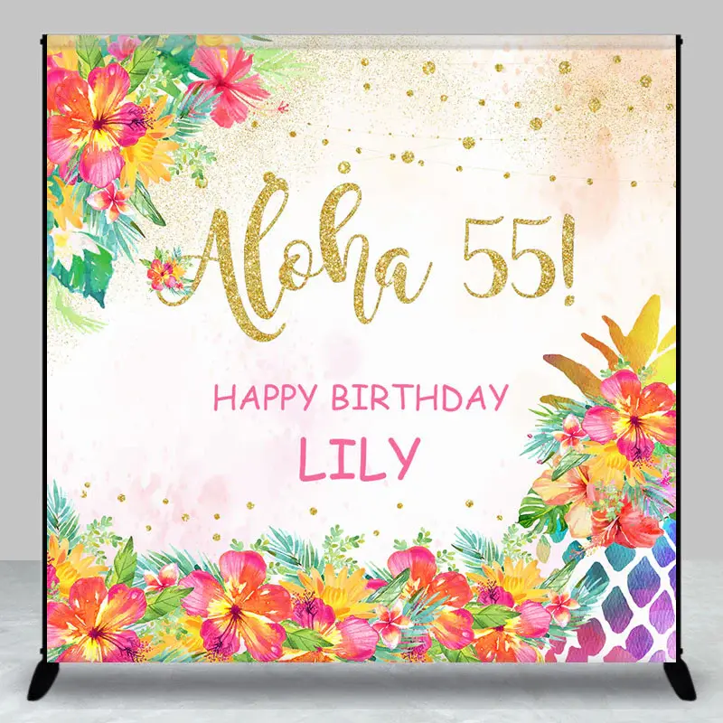 Custom Name Aloha 55 Floral Happy Birthday Backdrop