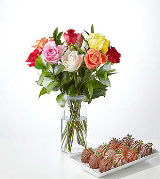 Mixed Roses and Berry Bundle - 12 Roses with Berries and Glass Vase - FedEx