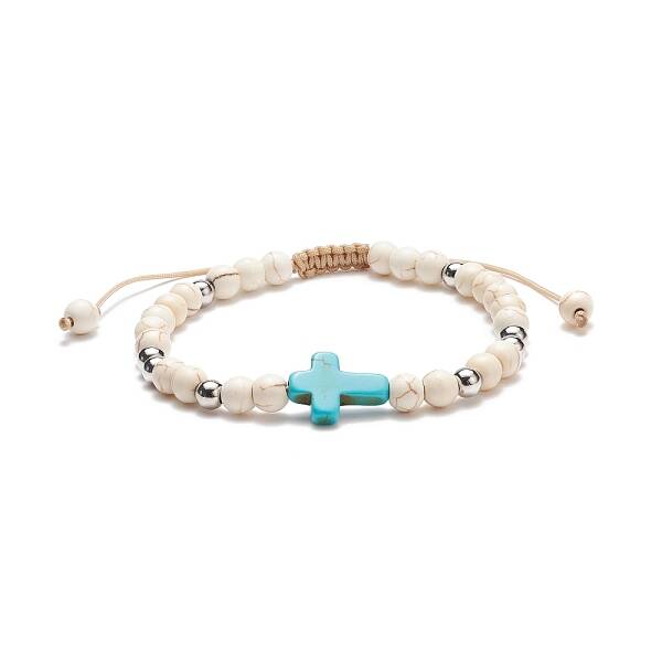 Synthetic Magnesite Braided Bead Bracelet with Synthetic Turquoise(Dyed) Cross