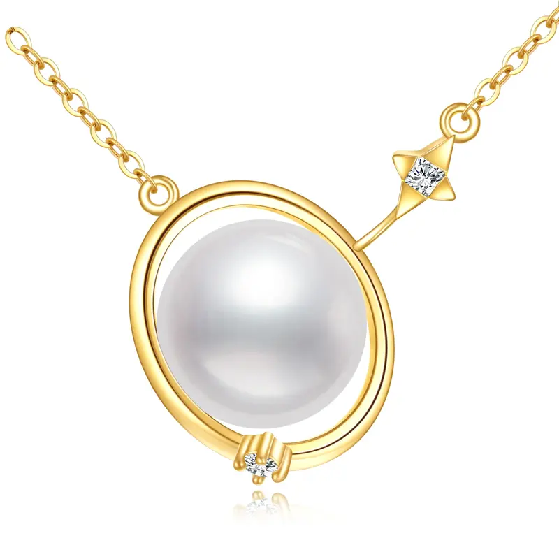 14K Gold Pearl Planet Pendant Necklace with 5A Austria Zircon