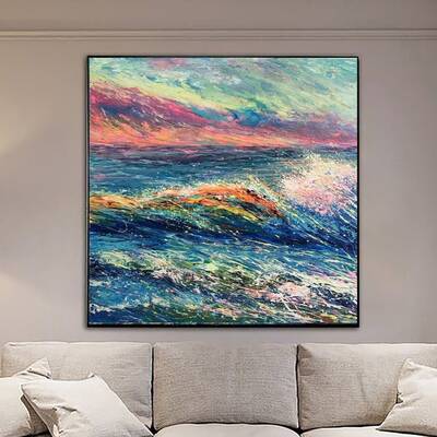 Abstract Seascape Wall Art on Canvas Colorful Artwork Original Wave Painting Coastal Art Marble Art Hotel Art Wall Hanging De...
