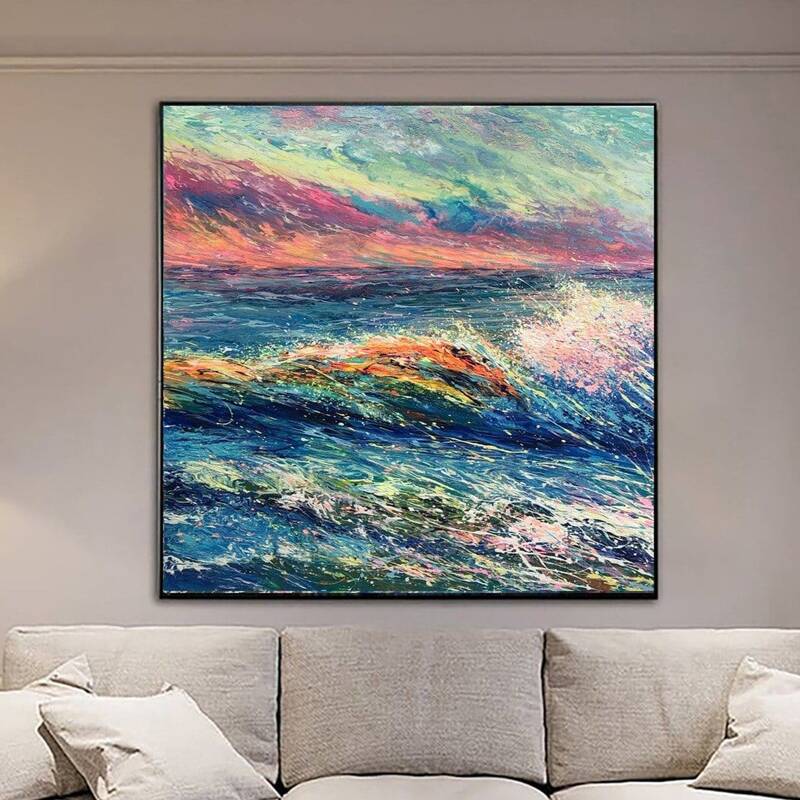 Abstract Seascape Wall Art on Canvas Colorful Artwork Original Wave Painting Coastal Art Marble Art Hotel Art Wall Hanging De...