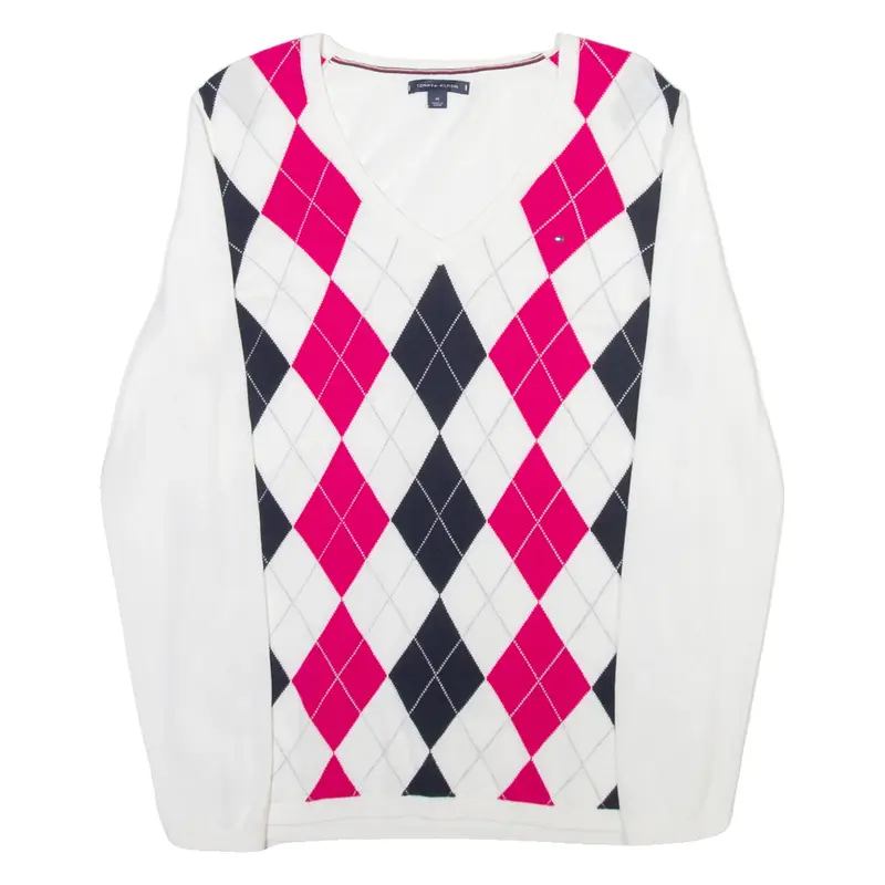 TOMMY HILFIGER Womens Patterned Jumper White Argyle V-Neck Tight Knit M