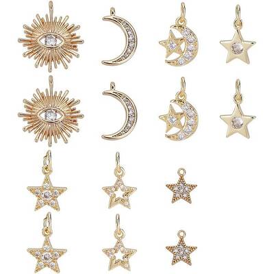 14Pcs 7 Style Brass Micro Pave Cubic Zirconia Charms