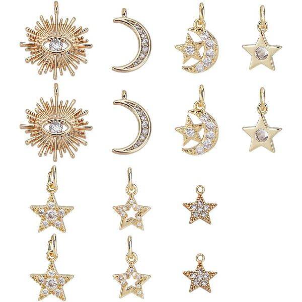 14Pcs 7 Style Brass Micro Pave Cubic Zirconia Charms