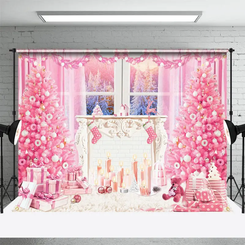 Pink Christmas Tree Window Candle Photo Backdrop - Aperturee