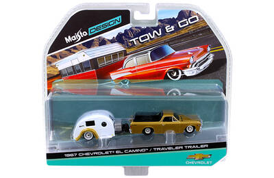 1967 Chevrolet El Camino with Traveler Trailer Gold Tow & Go 1/64 Diecast Model by Maisto