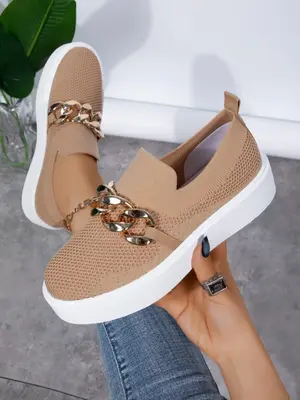 Women's Fashionable Chain Decorated Slip on Mesh Breathable Sneakers, Casual Comfortable Low Top Shoes for Daily Wear, Female...