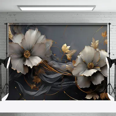 Luxury Dark Grey Gold Floral Photo Studio Backdrop - Aperturee