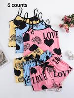 Women's Heart & Letter Print Lettuce Trim Pyjama Set, Pajama Sets Women, Casual Soft Fitted Spaghetti Strap Cami Top & Bow De...