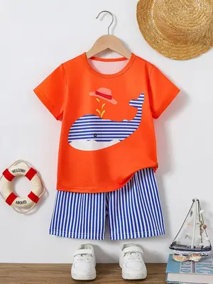 Two-piece Set Boy's Whale Print Short Sleeve Tee & Striped Print Shorts, Casual Round Neck T-shirt & Elastic Waist Shorts, S...