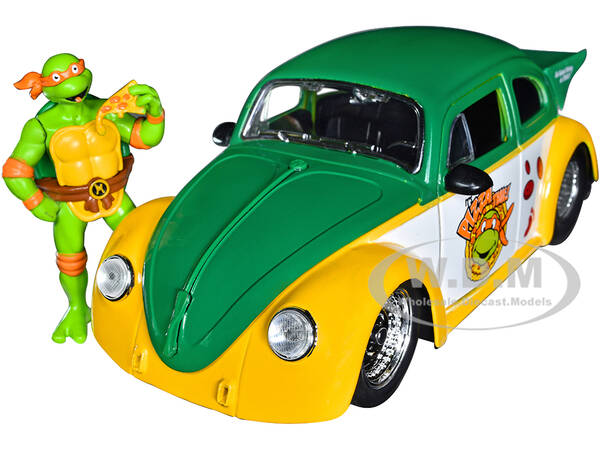 1959 Volkswagen Drag Beetle Green and Yellow and Michelangelo Diecast Figure \