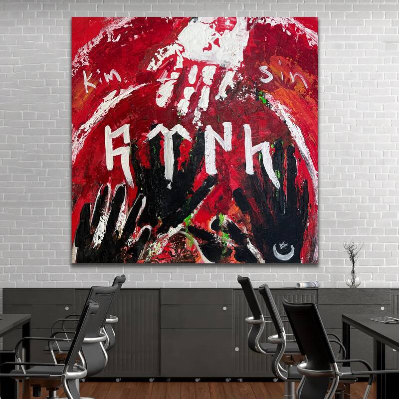 Original Red Painting On Canvas Abstract Black and White Hands Modern Artwork Stand With Turkey Wall Art | HELPING HAND