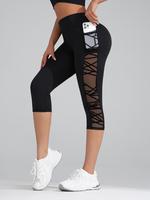 Women's Contrast Mesh Pocket Design Cropped Leggings, Casual Sporty Comfy Breathable Skinny Pants for Yoga Gym Workout, Ladie...