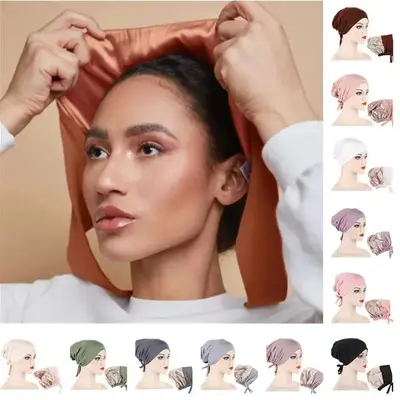 Double Layer Modal Satin Hijab Cap Islam Undercap with Tie Bonnet Instant Hijabs for Women Turkish Scarves Muslim Turban Band...
