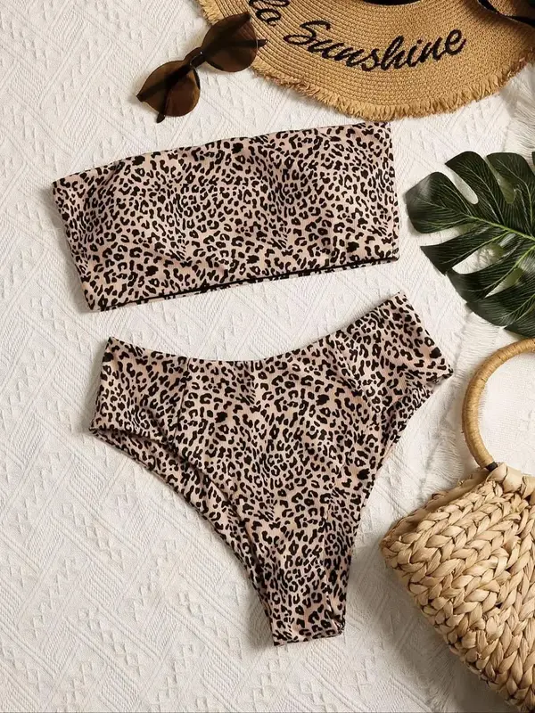 Women's 2pcs Sexy Leopard Print Bikini Set, Bandeau Swim Top & High Cut Swim Bottom, Casual Summer Beach Swimwear