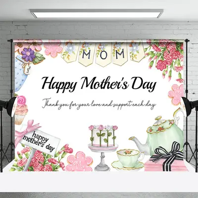 Sweet Pink Floral Cake Tea Pot Mothers Day Backdrop - Aperturee