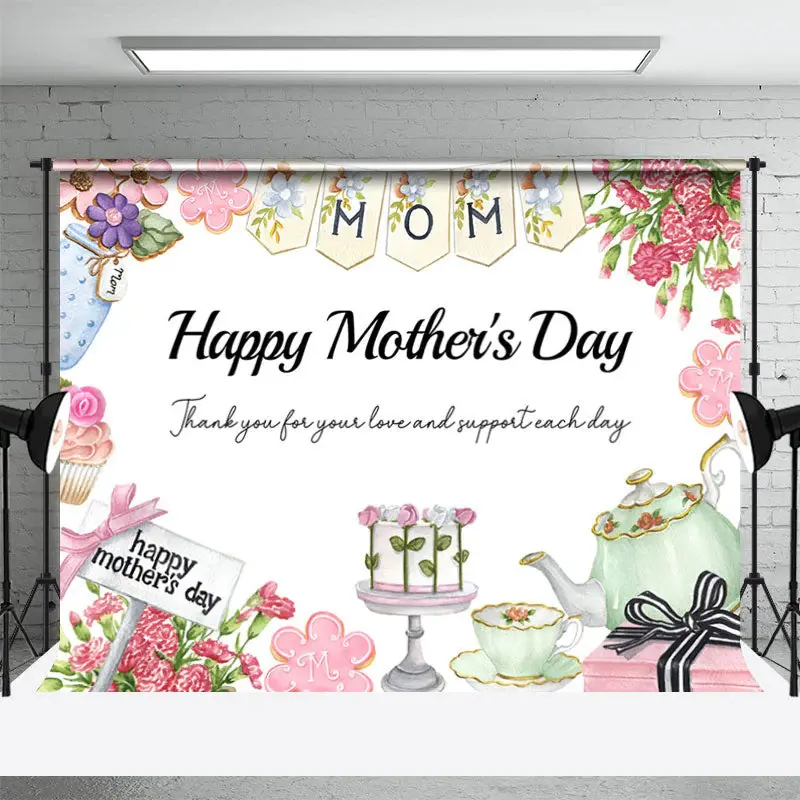 Sweet Pink Floral Cake Tea Pot Mothers Day Backdrop - Aperturee