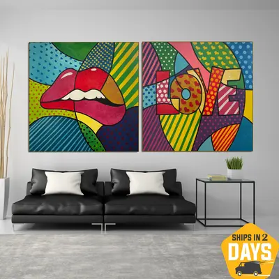 Abstract Set Of 2 Oil Paintings Original Colorful Lips Modern Artwork Decor for Home | LIPS AND LOVE 2P 26"x52"