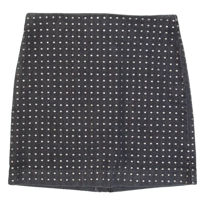 ALL SAINTS Studded Womens Straight Skirt Grey Short Denim S