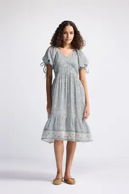 Puff Sleeve Midi Dress in Sage Green | Color: Serene Symphony | Size: S