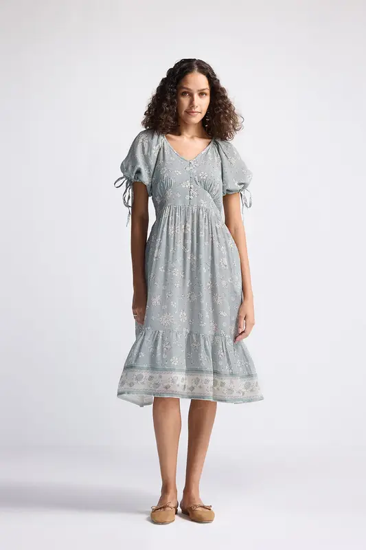 Puff Sleeve Midi Dress in Sage Green | Color: Serene Symphony | Size: S