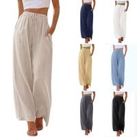 Women's Cotton Linen Summer Palazzo Pants Flowy Wide Leg Beach Trousers with Pockets Casual Womenswear Baggy Wideleg