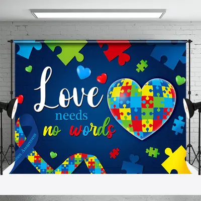 Love Needs No Words Puzzle Heart Blue Autism Backdrop - Aperturee