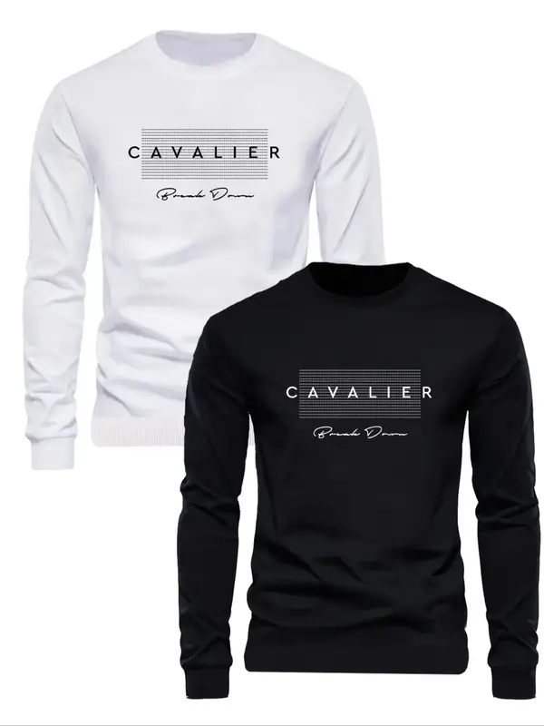 Men's Letters Print Round Neck Sweatshirt Set, Regular Fit Casual Long Sleeve Crew Neck Pullover for Fall & Winter, Men's Clo...