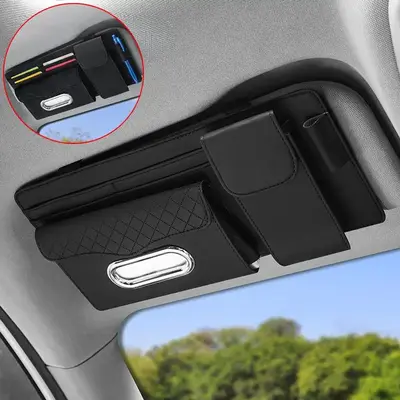 Car Sun Visor Tissue Box, 1 Count PU Leather Car Tissue Holder, Multifunctional Car Interior Accessories for Car Stowing & Ti...