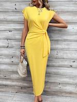 Women's Ruched Knot Front Crewneck Bodycon Dress, Casual Minimalist Batwing Sleeve Round Neck Long Dress, Ladies Clothes for...