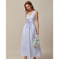 The Blue V Neck Shirred Striped Maxi Dress