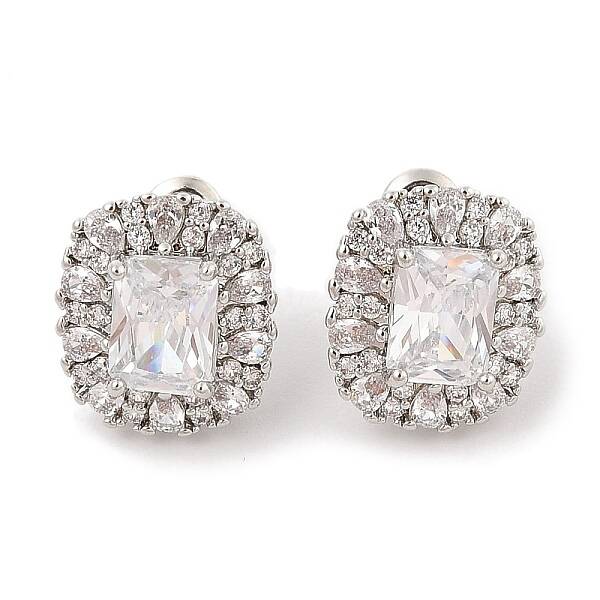 Brass Pave Cubic Zirconia Rectangle Stud Earrings for Women