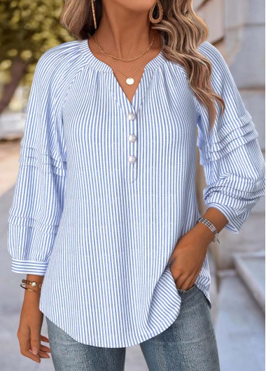 Modlily Blue Striped 3/4 Sleeve Split Neck Blouse - S