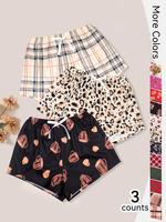 Women's 3pcs Lepord/Plaid/Heart Print Elastic Waist Wide Leg Sleep Shorts, Comfortable Ladies Lounge Bottoms for Indoor Home ...