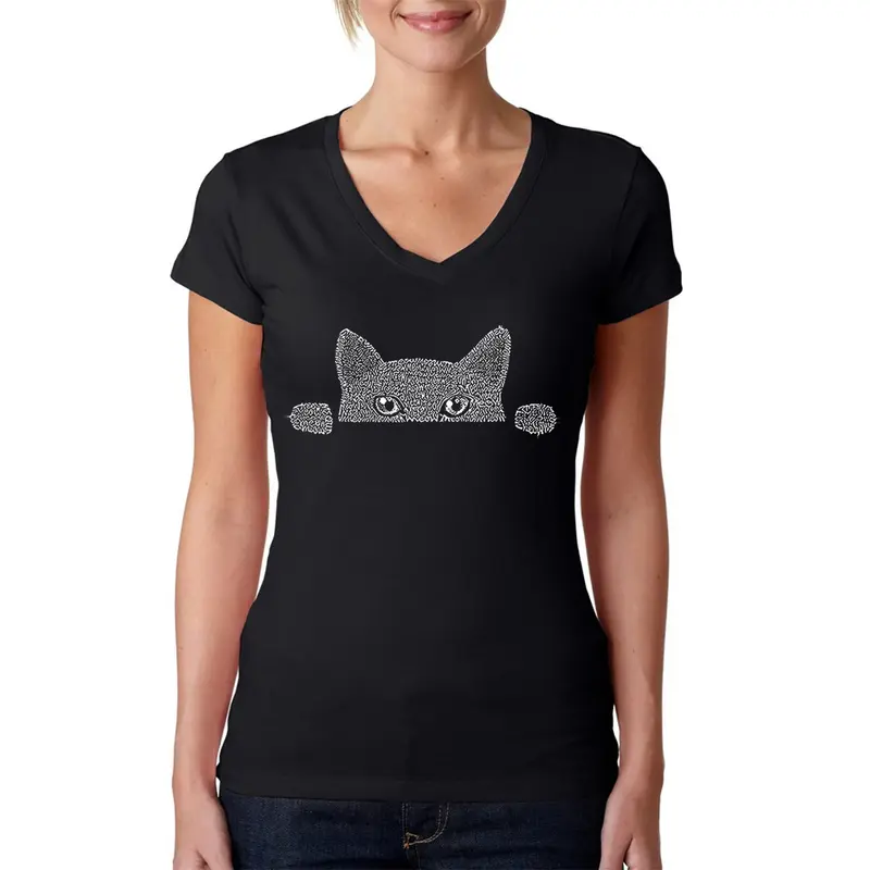 Peeking Cat - Women's Word Art V-Neck T-Shirt - Black - X-Large