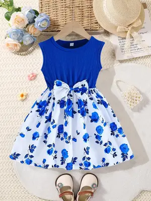 Girl's Floral Print Bow Decor Tank Dress, Cute Sleeveless Round Neck Dress for Summer, Kids Clothes for Daily Wear, Floral Pa...