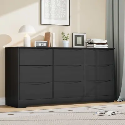 Garvee Wooden Dresser with 9 Drawers, Tall Modern Closet with Deep Storage, Large Chest of Drawers with Wide Top, Long Storag...