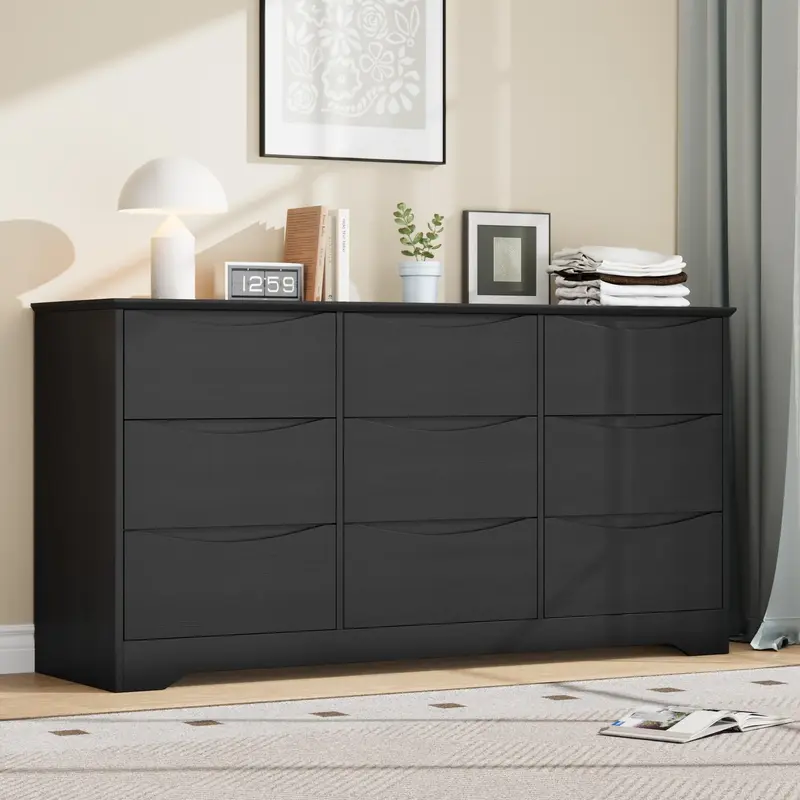 Garvee Wooden Dresser with 9 Drawers, Tall Modern Closet with Deep Storage, Large Chest of Drawers with Wide Top, Long Storag...
