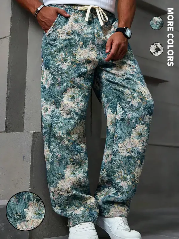 Men's Floral Print Drawstring Waist Straight Leg Pants, Casual Comfy Pocket Trousers for Daily Wear, Pants for Men, Fashion ...