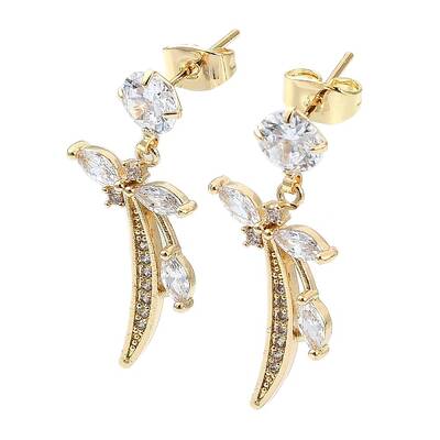 Flower Brass Micro Pave Cubic Zirconia Dangle Stud Earrings